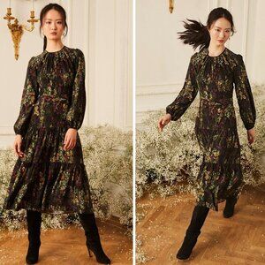 Charlotte Brody English Garden Dark Floral Keyhole Silk Midi Dress Size Small